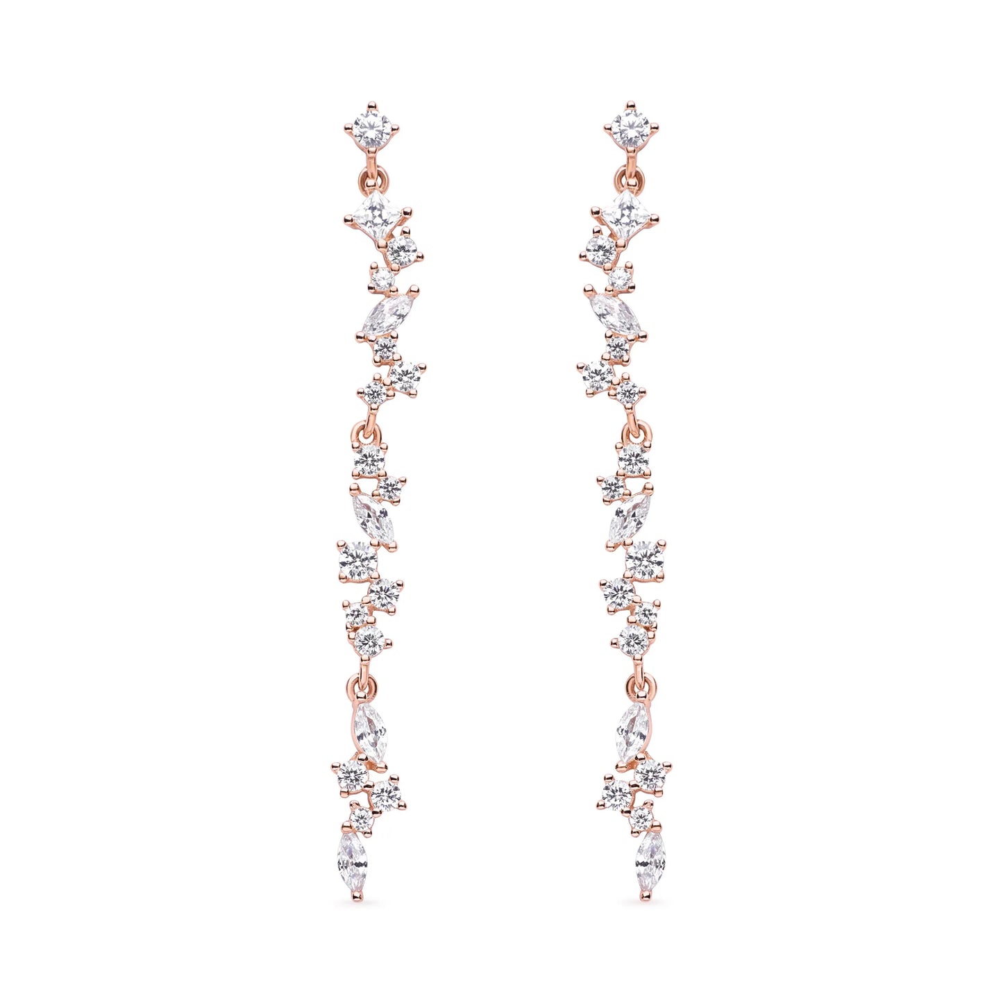 Elegant cascading drop earrings in rose gold featuring shimmering cubic zirconia stones arranged in a stunning linear design for added sparkle.