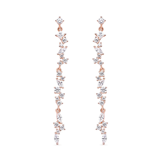 Elegant cascading drop earrings in rose gold featuring shimmering cubic zirconia stones arranged in a stunning linear design for added sparkle.