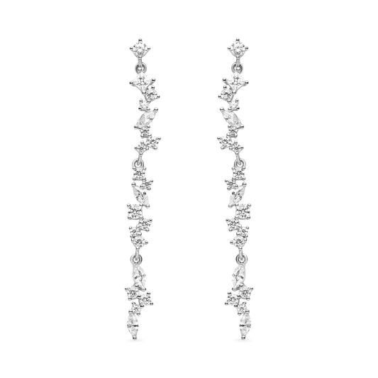 Delicate cascading drop earrings featuring a linear design with shimmering cubic zirconia stones in varying sizes. Lightweight and elegant, these earrings offer a radiant sparkle, perfect for both special occasions and everyday wear.