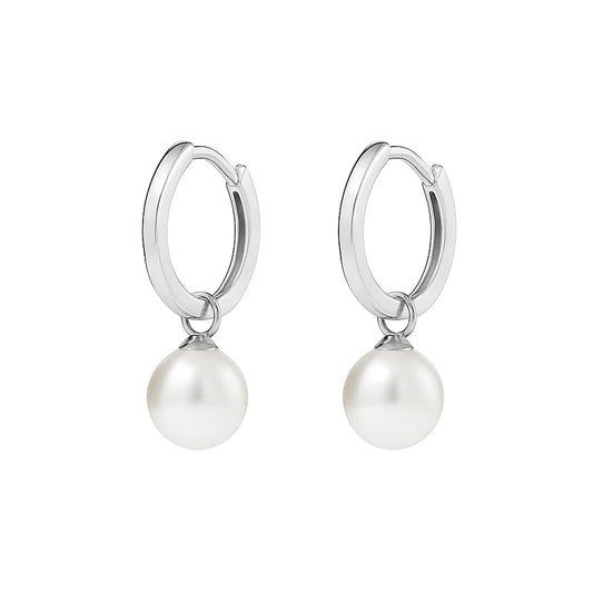 Sterling silver hinged hoop earrings featuring a lustrous white pearl drop, combining timeless elegance and sophistication, 23x6 mm.