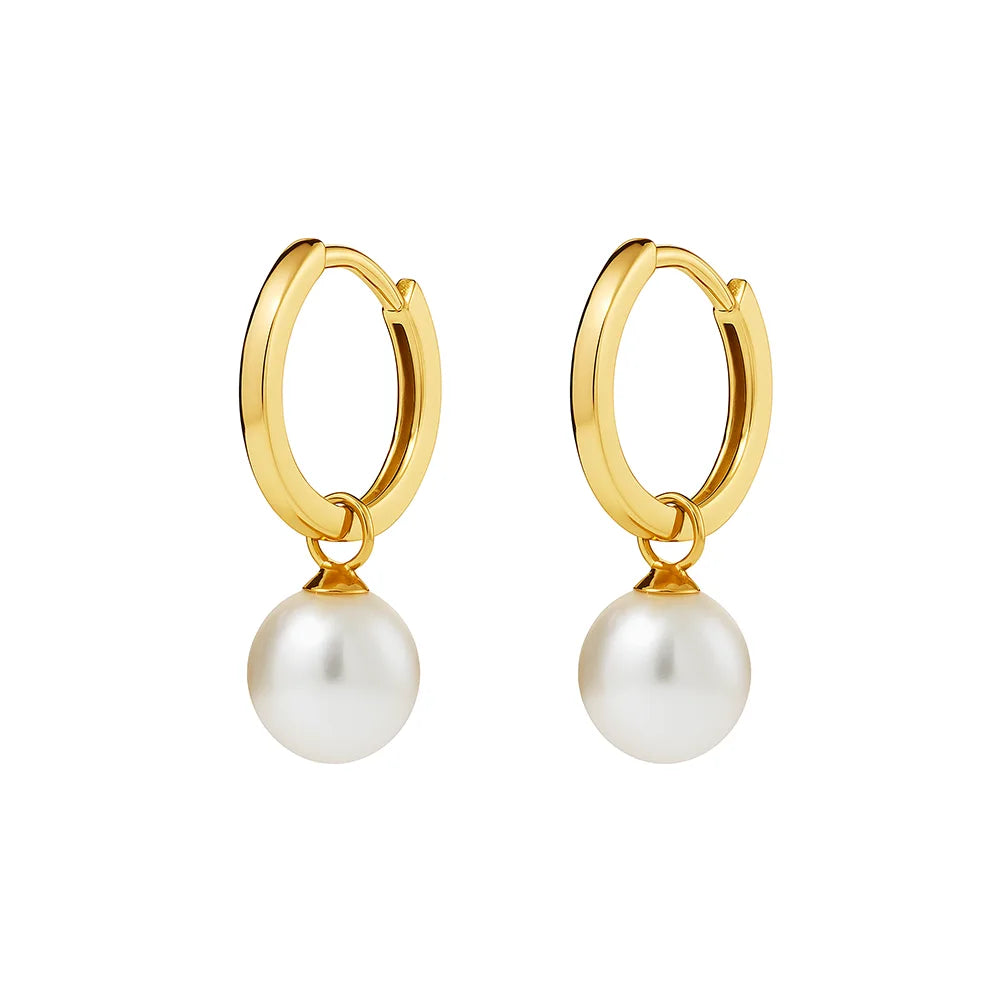 Yellow gold plated hinged hoop earrings with a white pearl drop, offering timeless elegance and versatility, 23x6 mm.