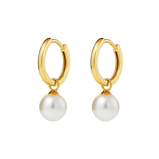 Yellow gold plated hinged hoop earrings with a white pearl drop, offering timeless elegance and versatility, 23x6 mm.