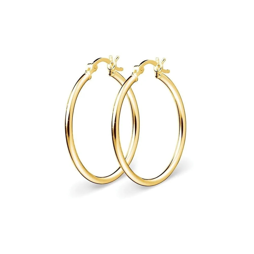 Elegant yellow gold plated sterling silver round tube hoop earrings with a polished finish, lightweight and available in 15mm size.