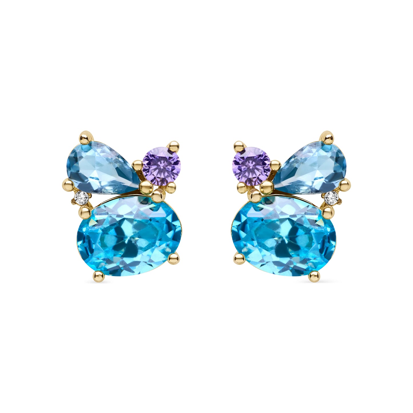 A pair of elegant yellow gold-plated earrings with blue topaz, amethyst, and a brilliant cubic zirconia in a vibrant, sophisticated design.