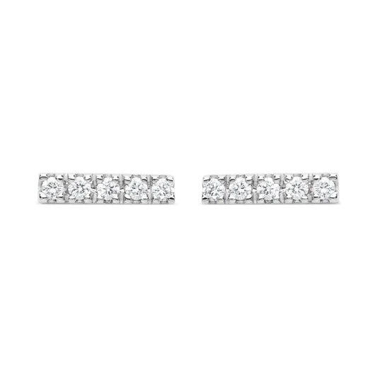 Elegant 18k white gold diamond bar stud earrings with pavé diamonds totalling 0.07 carats, showcasing a modern and luxurious design for timeless appeal.