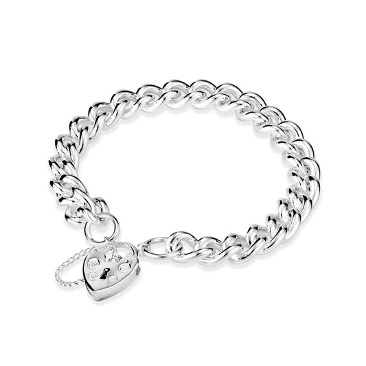 Sterling silver bracelet featuring solid interlocking links with a heart-shaped padlock charm. A gleaming finish enhances its elegance and durability.