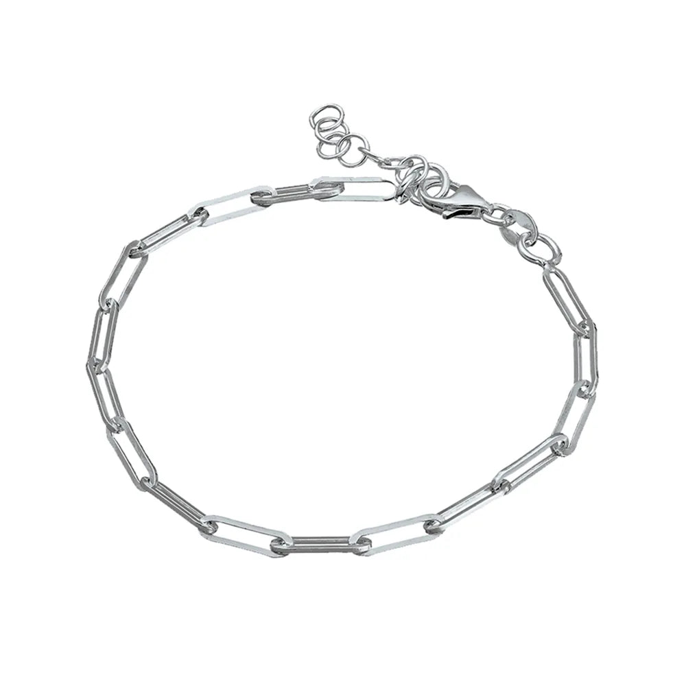 Modern sterling silver bracelet with 10mm oblong links. Features a sleek, polished design with a 17.5cm length and 2cm extension for adjustable fit. Perfect for casual or formal occasions.