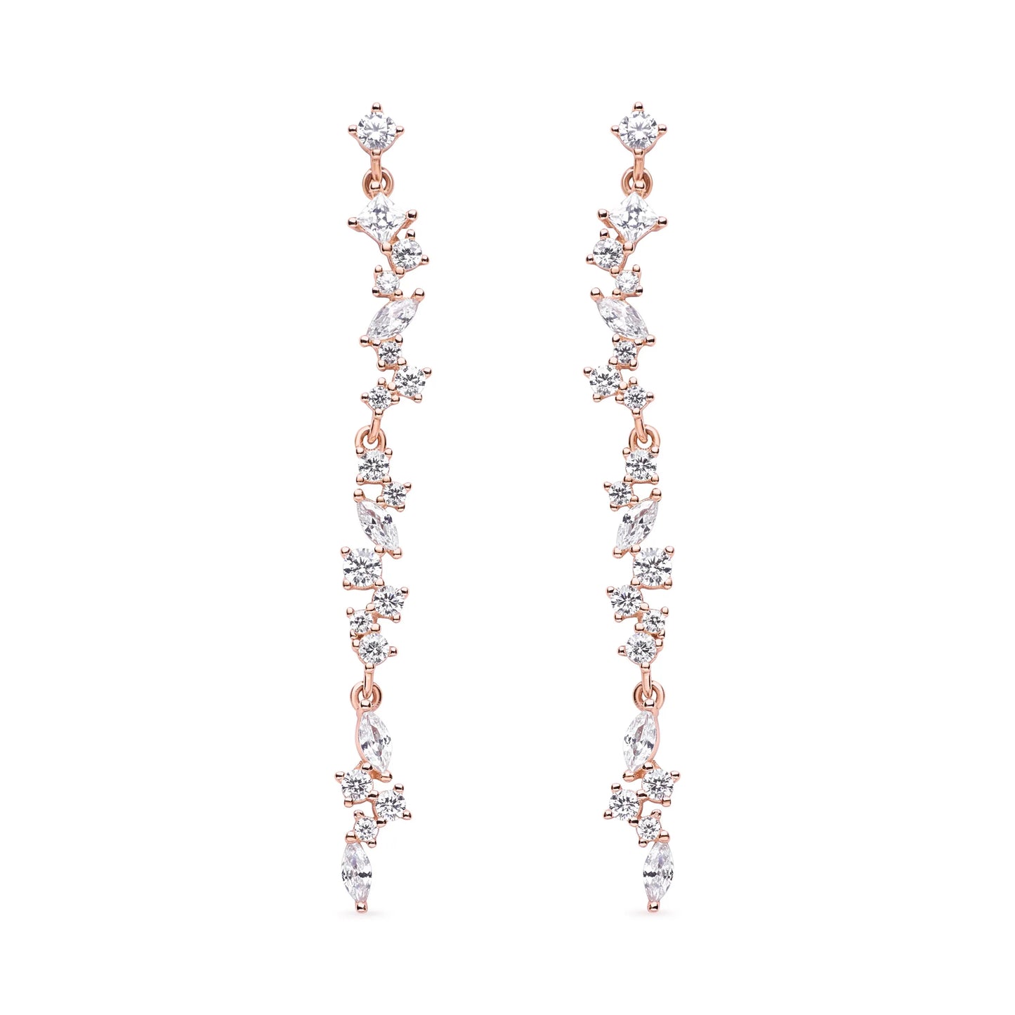 Elegant cascading drop earrings in rose gold featuring shimmering cubic zirconia stones arranged in a stunning linear design for added sparkle.