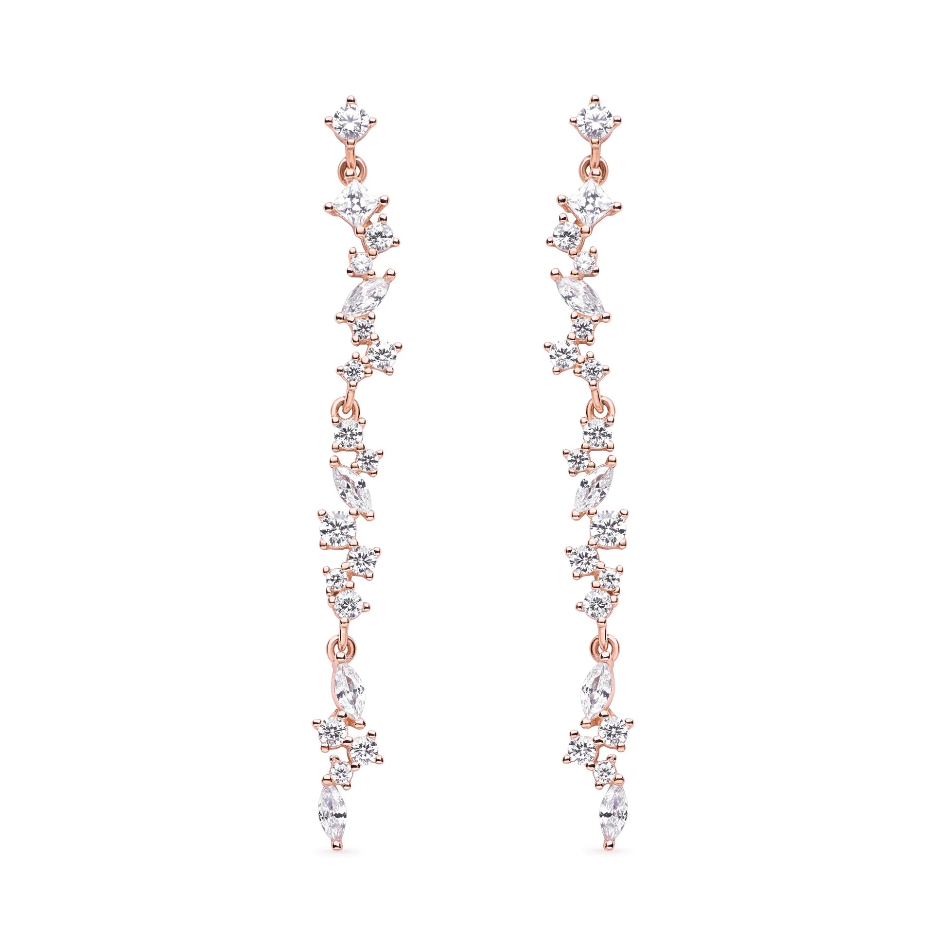 Elegant cascading drop earrings in rose gold featuring shimmering cubic zirconia stones arranged in a stunning linear design for added sparkle.