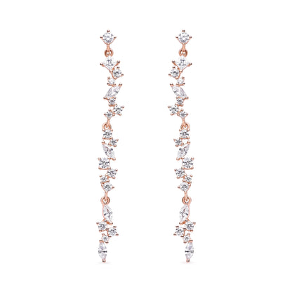 Elegant cascading drop earrings in rose gold featuring shimmering cubic zirconia stones arranged in a stunning linear design for added sparkle.