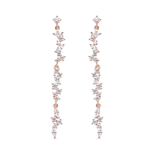 Elegant cascading drop earrings in rose gold featuring shimmering cubic zirconia stones arranged in a stunning linear design for added sparkle.