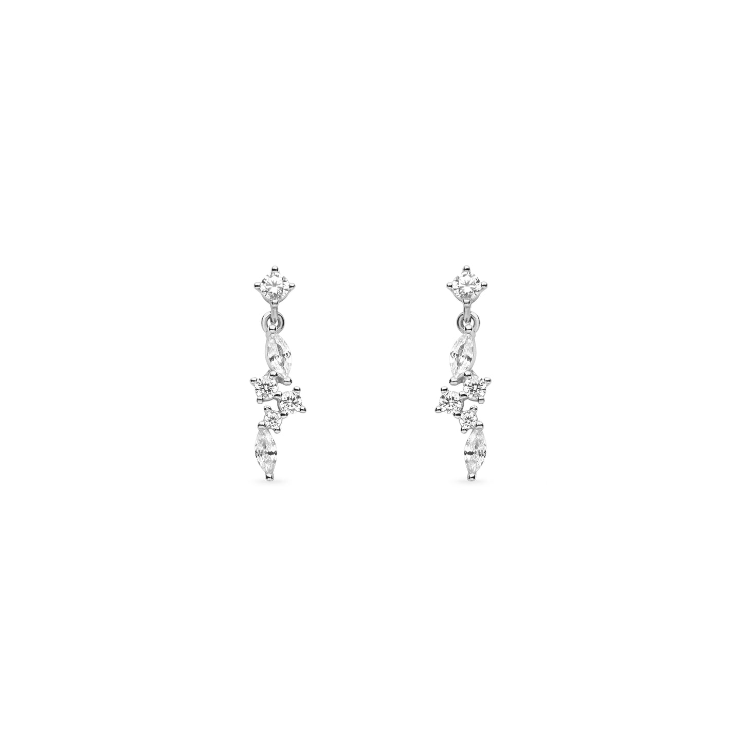 Elegant sterling silver dangling drop earrings with shimmering cubic zirconia stones, perfect for adding sophistication to any outfit.