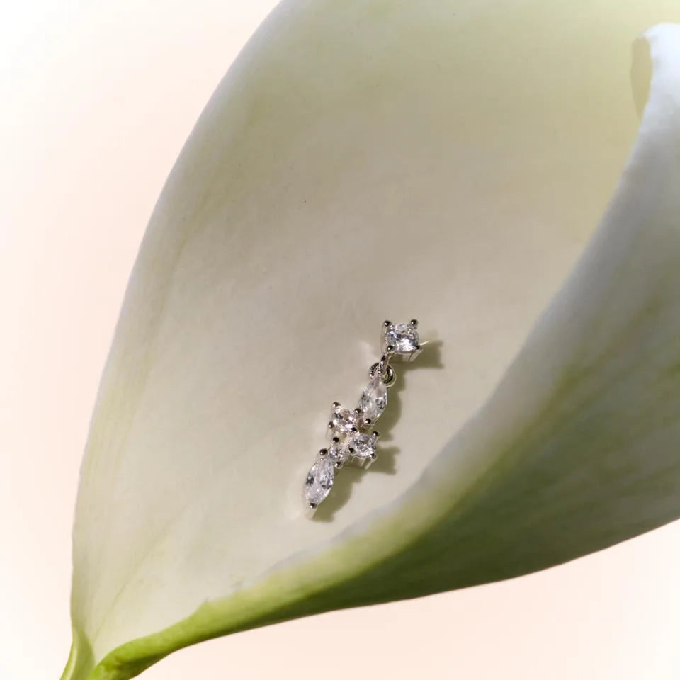 Sterling silver dangling drop earrings displayed on a soft floral backdrop, highlighting their graceful design and sparkling detail.