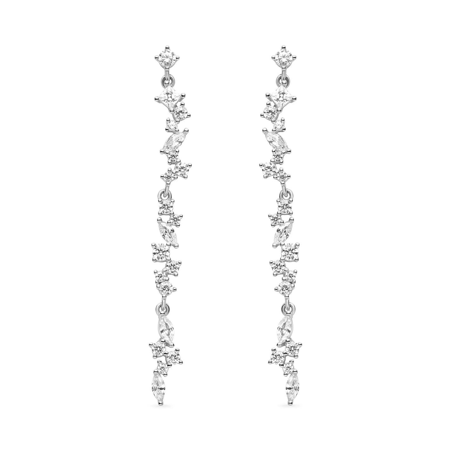 Delicate cascading drop earrings featuring a linear design with shimmering cubic zirconia stones in varying sizes. Lightweight and elegant, these earrings offer a radiant sparkle, perfect for both special occasions and everyday wear.