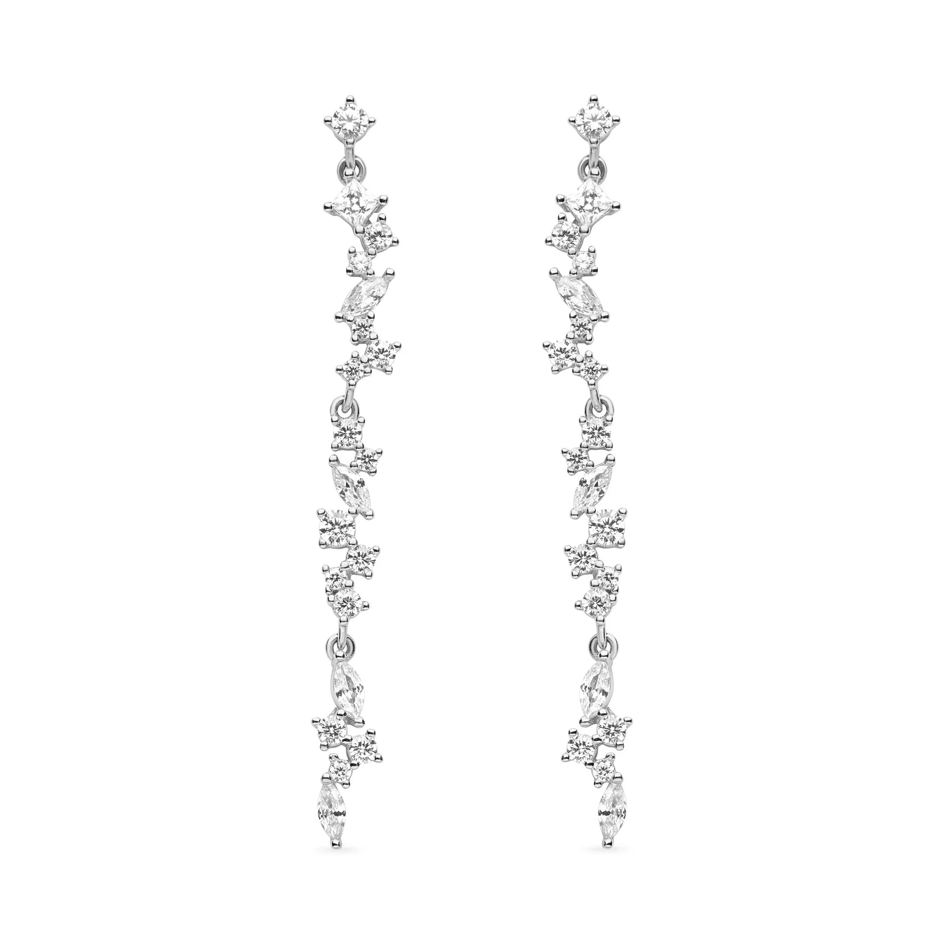 Delicate cascading drop earrings featuring a linear design with shimmering cubic zirconia stones in varying sizes. Lightweight and elegant, these earrings offer a radiant sparkle, perfect for both special occasions and everyday wear.