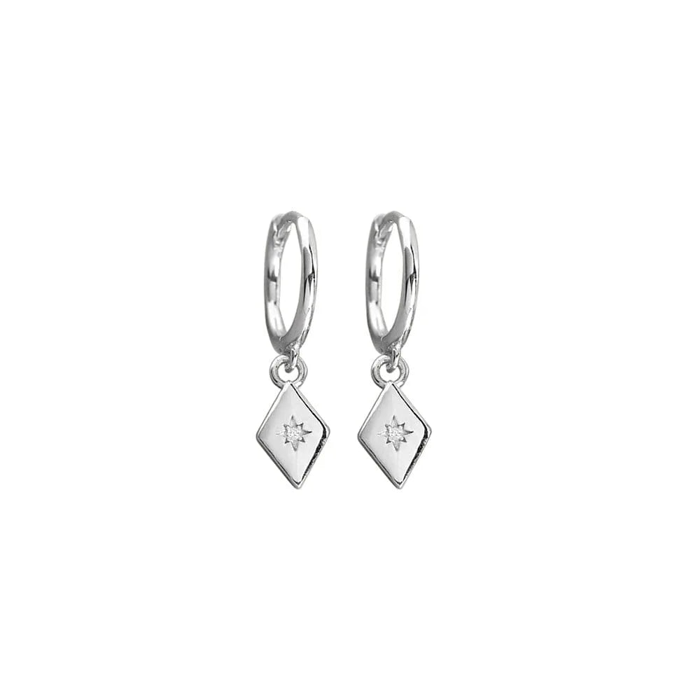 Sterling silver half hoop earrings with a diamond-shaped charm, accented by a sparkling cubic zirconia. Modern and timeless design, measuring 23 x 6 mm.