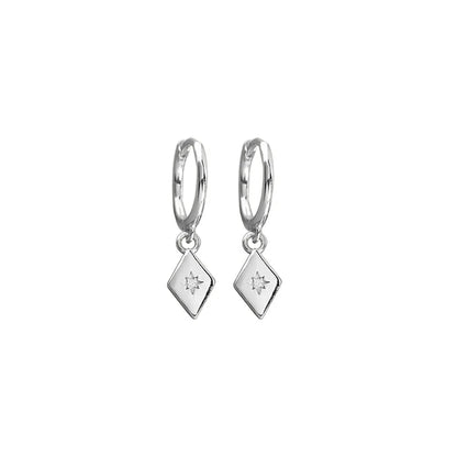 Sterling silver half hoop earrings with a diamond-shaped charm, accented by a sparkling cubic zirconia. Modern and timeless design, measuring 23 x 6 mm.