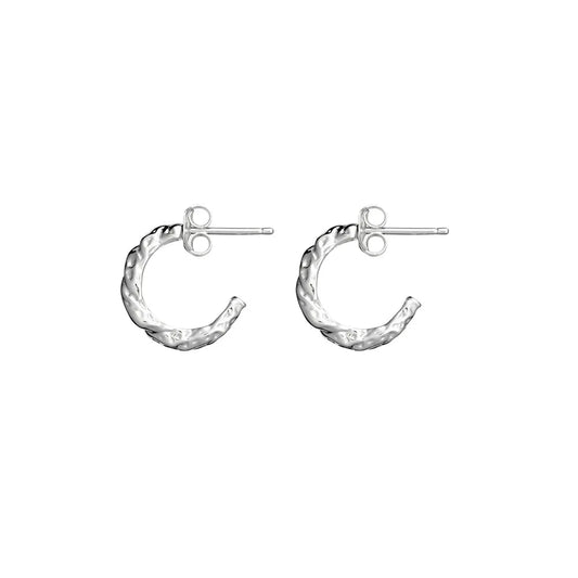 Sterling silver half hoop earrings with an organic textured design, inspired by natural forms. Modern and subtle elegance, perfect for everyday wear, 15mm size.