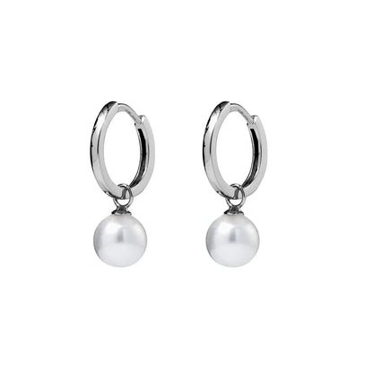 Sterling silver hinged hoop earrings featuring a lustrous white pearl drop, combining timeless elegance and sophistication, 23x6 mm.