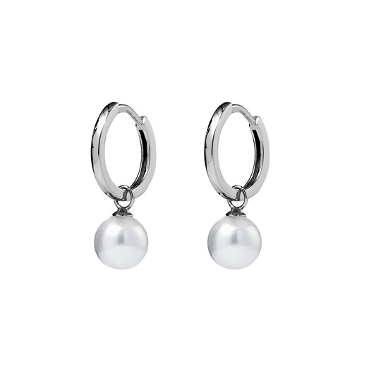 Sterling silver hinged hoop earrings featuring a lustrous white pearl drop, combining timeless elegance and sophistication, 23x6 mm.