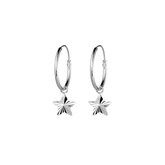 Sterling silver endless hoop earrings with a cut star charm, blending timeless elegance and whimsy. Perfect for versatile styling, 2.5 cm diameter.