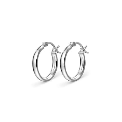 Elegant 18MM round tube hoop earrings in polished sterling silver, showcasing minimalist style and timeless sophistication for any outfit.