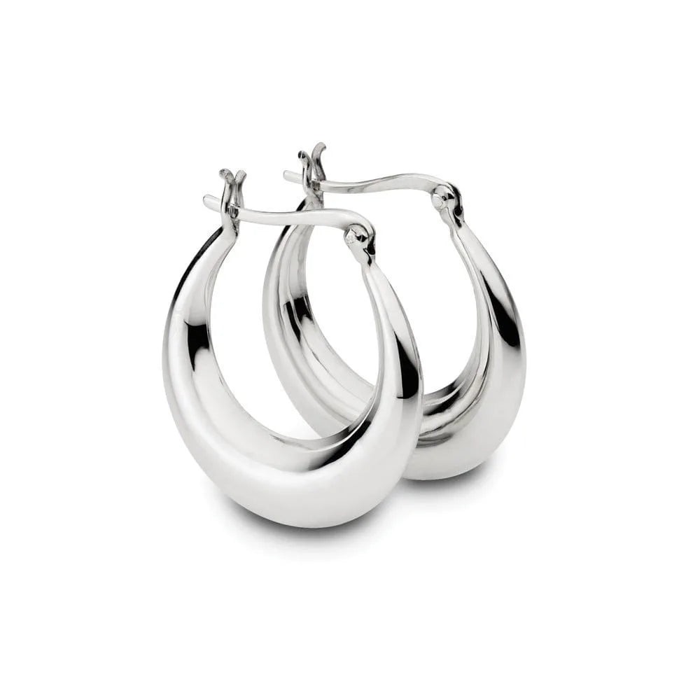 Sterling silver tapered oval hoop earrings with a polished finish, featuring a graceful 26mm silhouette. Perfect for adding elegance to casual or formal outfits.