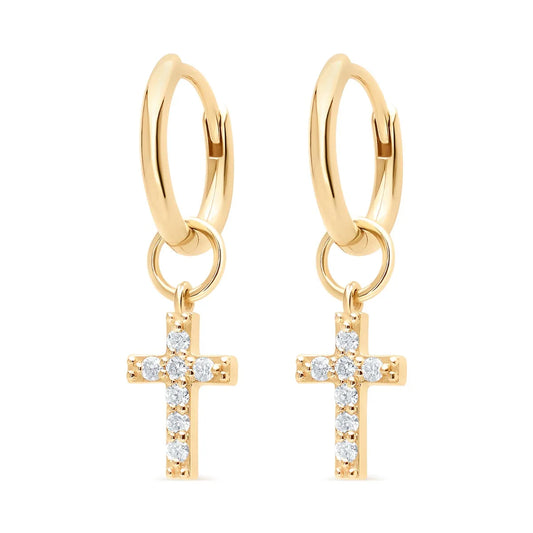 Close-up of elegant 9k yellow gold hoop earrings with detachable cross charms, each studded with seven sparkling SI2 diamonds, displayed on a white background.