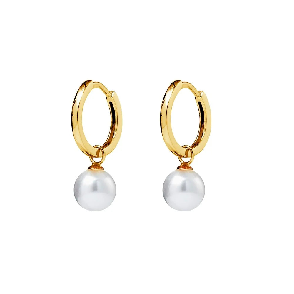 Yellow gold plated hinged hoop earrings with a white pearl drop, offering timeless elegance and versatility, 23x6 mm.