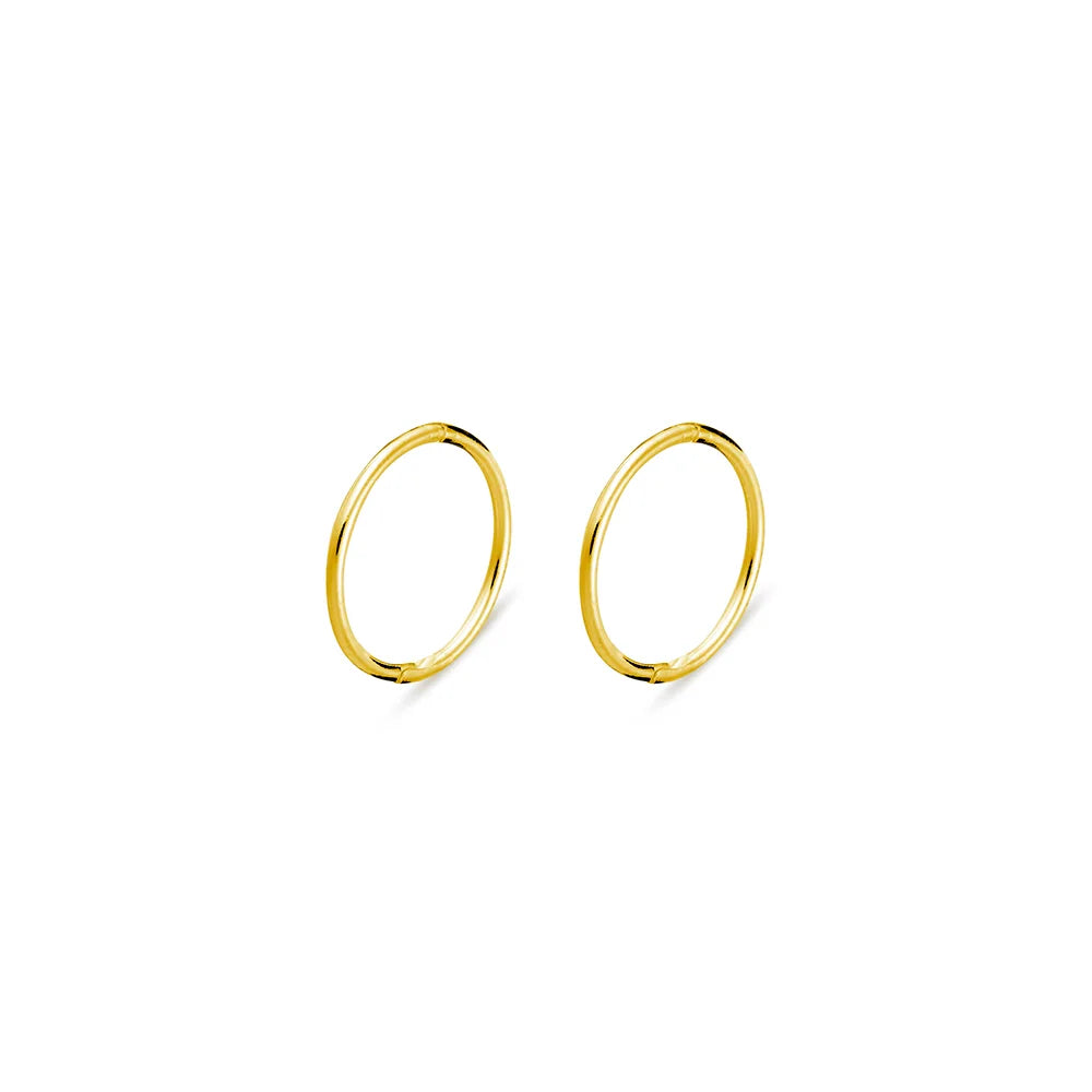 Yellow gold plated sterling silver hinged sleeper earrings in a minimalist design, available in 8mm size. Hypoallergenic and anti-tarnish for sensitive ears.