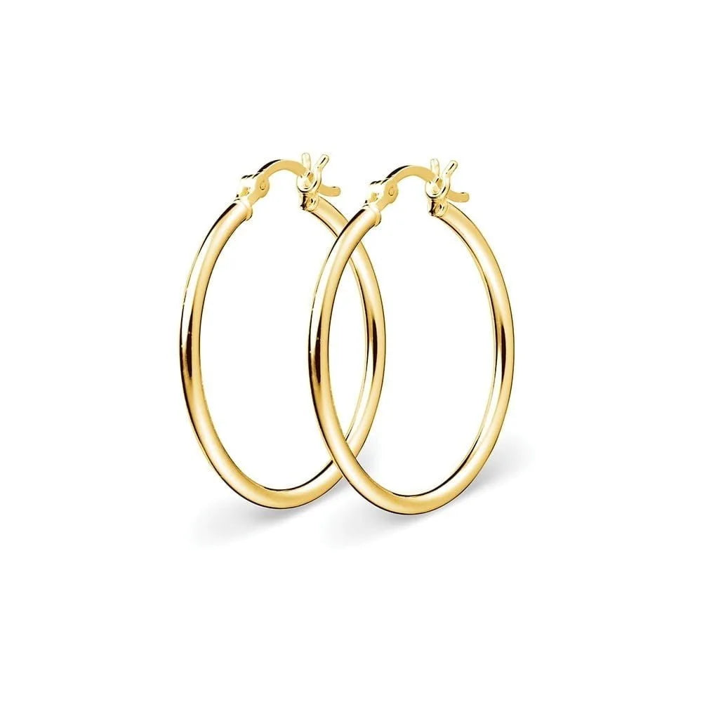 Elegant yellow gold plated sterling silver round tube hoop earrings with a polished finish, lightweight and available in 15mm size.