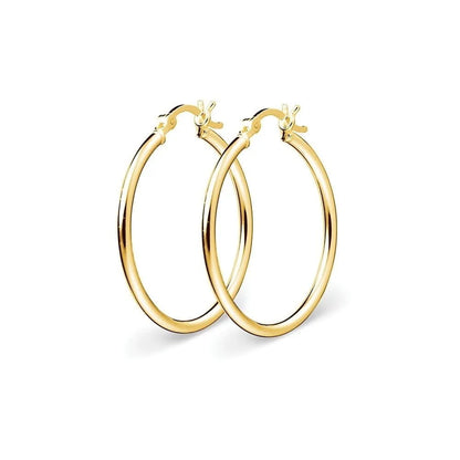 Elegant yellow gold plated sterling silver round tube hoop earrings with a polished finish, lightweight and available in 15mm size.