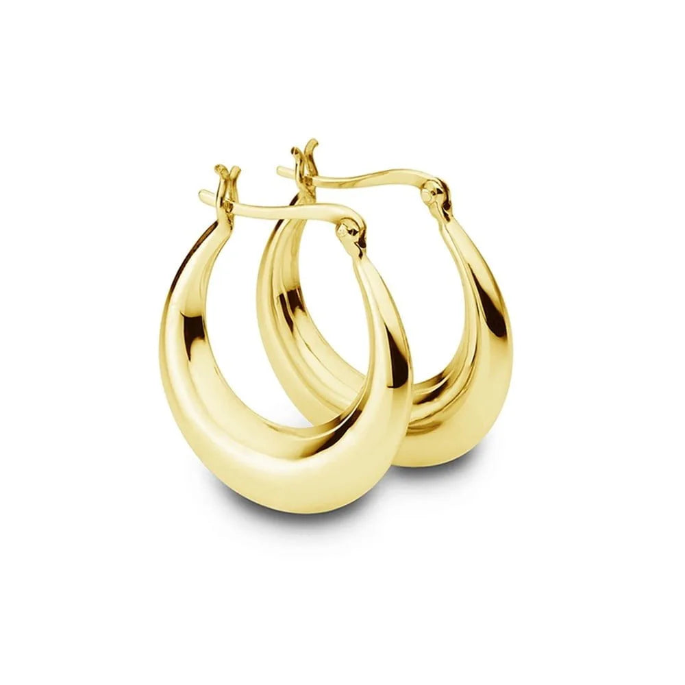 Elegant gold-plated tapered oval hoop earrings crafted from sterling silver, showcasing a graceful 26mm silhouette with a polished finish, perfect for both casual and formal wear.