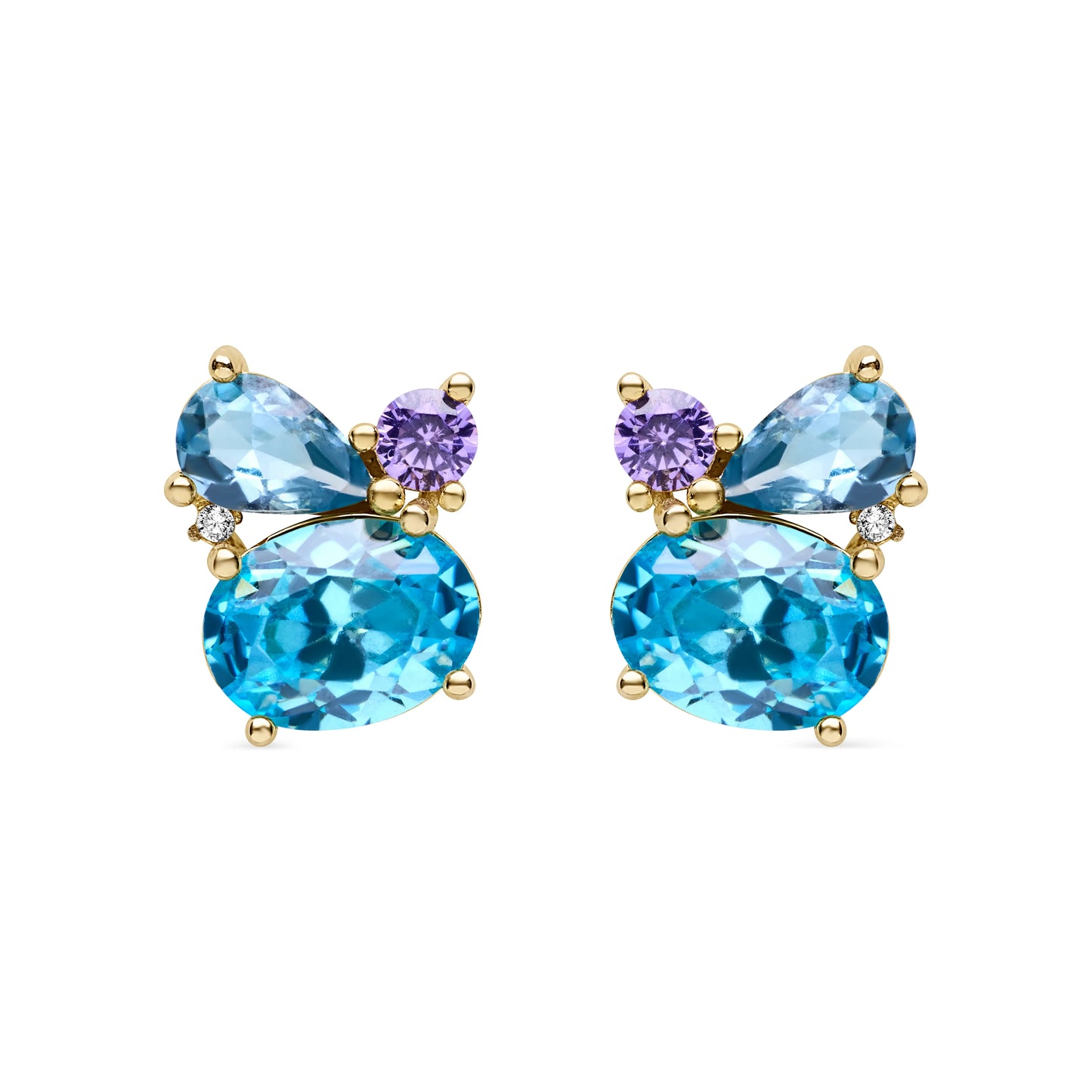 A pair of elegant yellow gold-plated earrings with blue topaz, amethyst, and a brilliant cubic zirconia in a vibrant, sophisticated design.