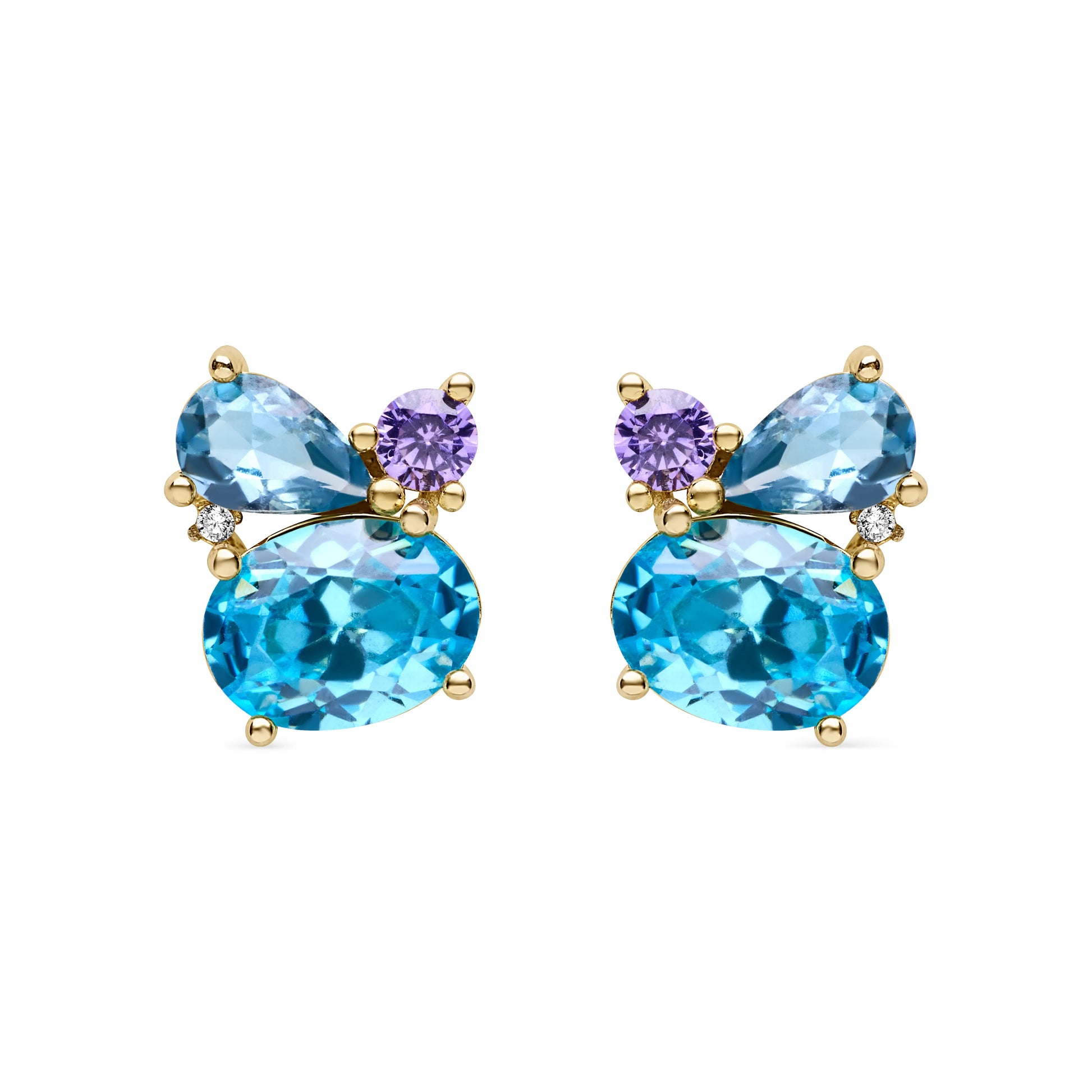 A pair of elegant yellow gold-plated earrings with blue topaz, amethyst, and a brilliant cubic zirconia in a vibrant, sophisticated design.