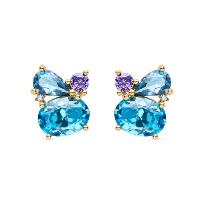 A pair of elegant yellow gold-plated earrings with blue topaz, amethyst, and a brilliant cubic zirconia in a vibrant, sophisticated design.