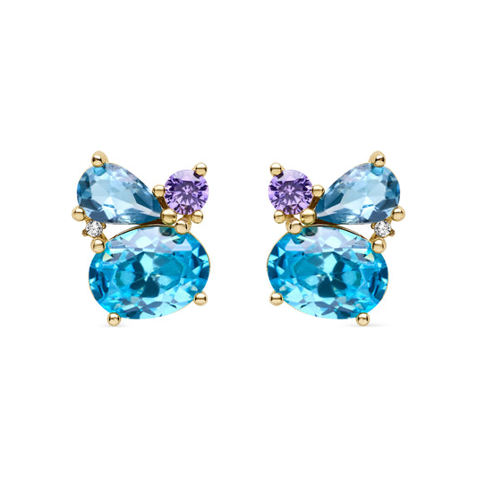 A pair of elegant yellow gold-plated earrings with blue topaz, amethyst, and a brilliant cubic zirconia in a vibrant, sophisticated design.