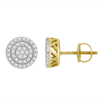 10k yellow gold round cluster earrings with 80 natural diamonds, featuring concentric rows and secure screwback closures for elegance and comfort.