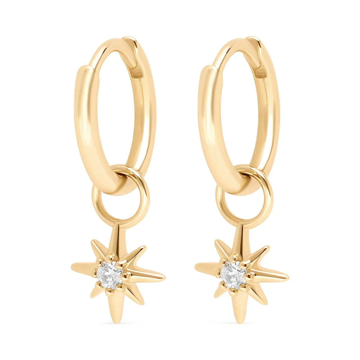 Elegant 9k yellow gold hoop earrings featuring detachable star charms adorned with sparkling SI2 quality diamonds, perfect for any occasion.