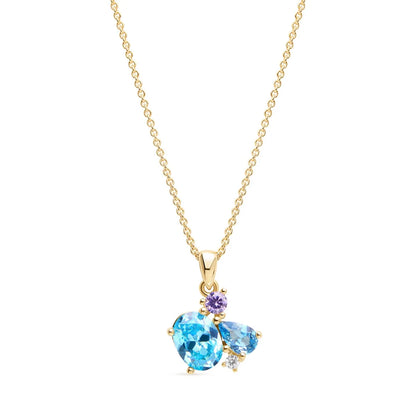 Yellow gold-plated necklace showcasing vibrant blue topaz, amethyst, and cubic zirconia gemstones on a delicate chain, perfect for any occasion.