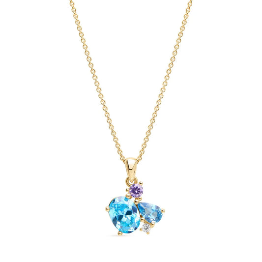 Yellow gold-plated necklace showcasing vibrant blue topaz, amethyst, and cubic zirconia gemstones on a delicate chain, perfect for any occasion.