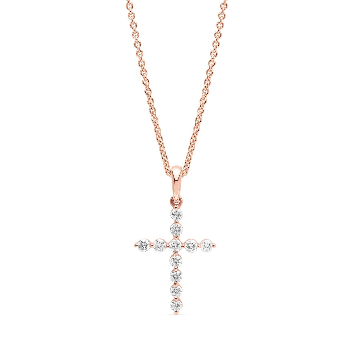 Sophisticated diamond cross pendant in 9k rose gold, suspended from a polished chain for an elegant finish.