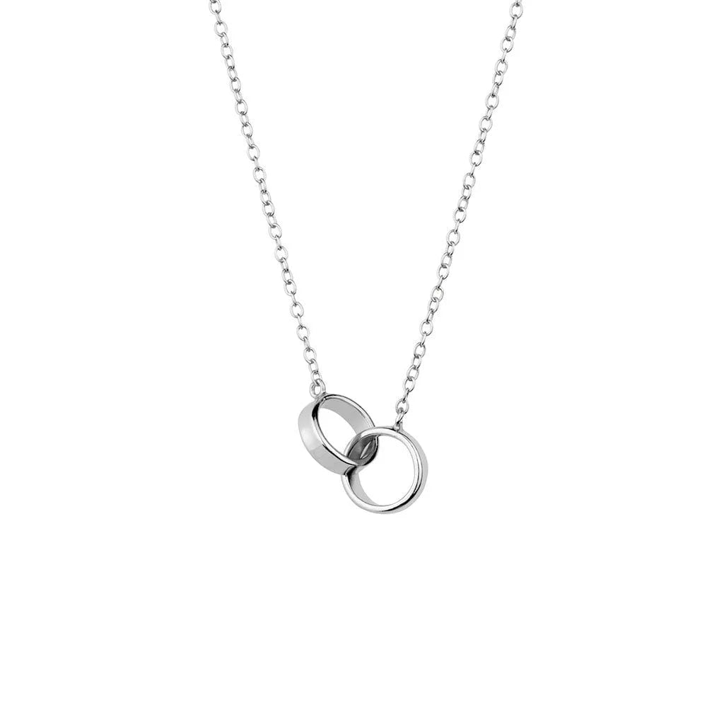 Elegant sterling silver necklace featuring two entwined circles symbolising unity and connection, with a 42+3 cm chain, perfect for layering or solo wear.