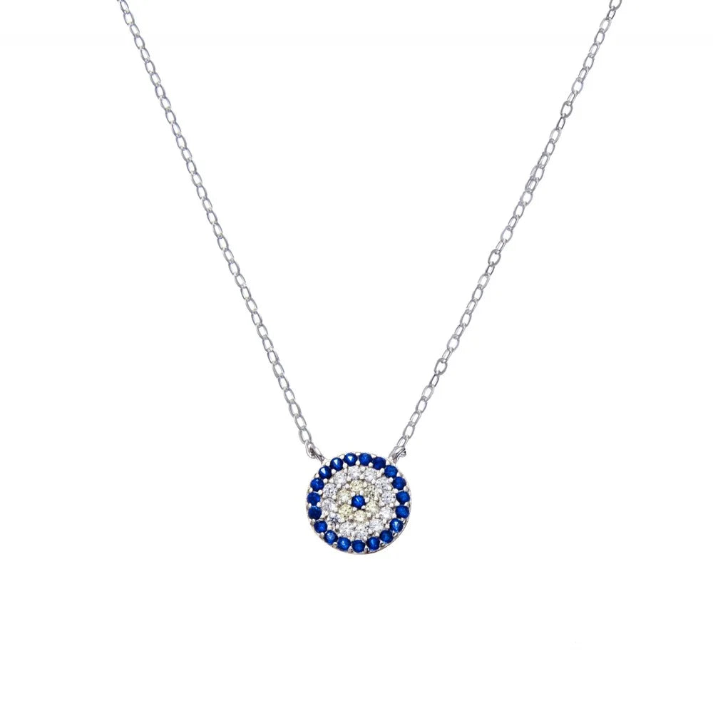 Sterling Silver Mystical Glace Necklace with an 8mm evil eye pendant adorned with blue and white cubic zirconia stones. Rhodium-plated for brilliance.