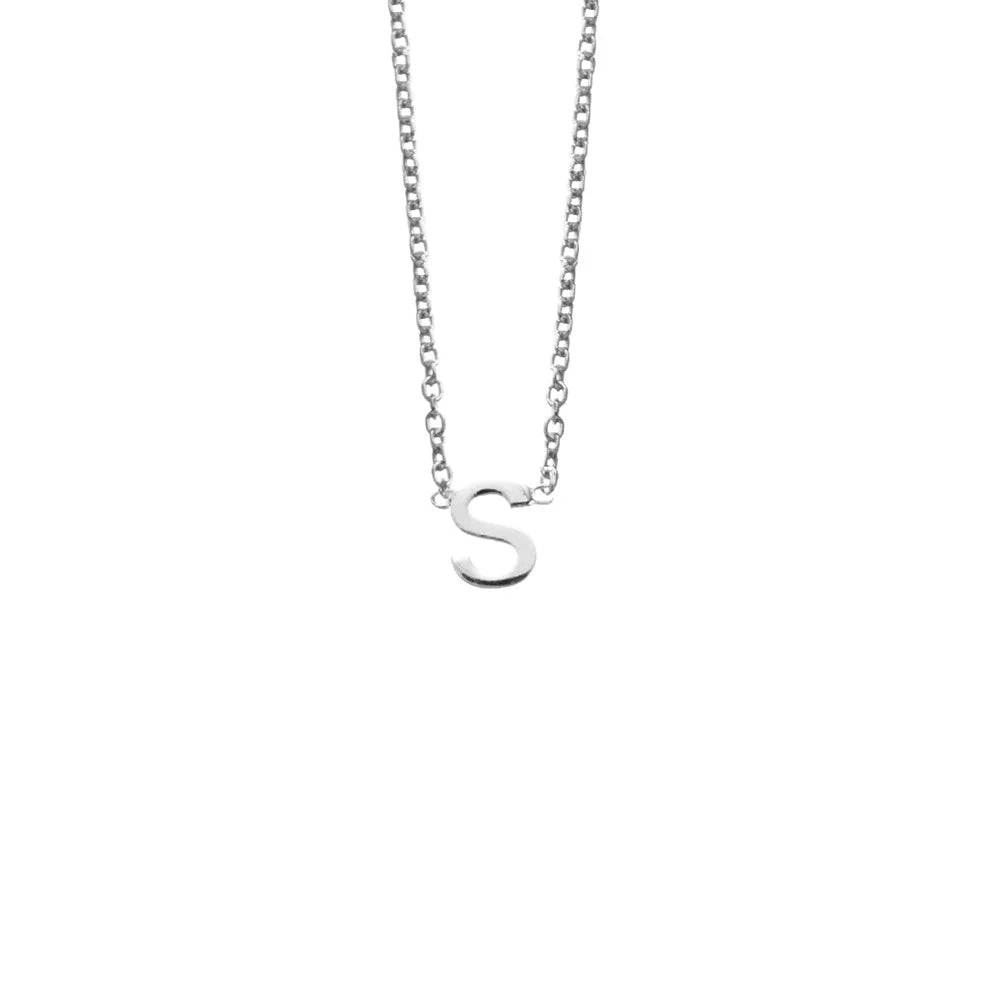 Sterling silver initial "S" pendant necklace with a sleek, minimalist design on a 40cm adjustable chain featuring a 5cm extension, ideal for personalisation.