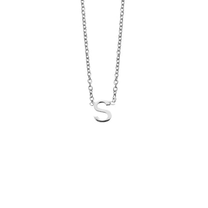 Sterling silver initial "S" pendant necklace with a sleek, minimalist design on a 40cm adjustable chain featuring a 5cm extension, ideal for personalisation.