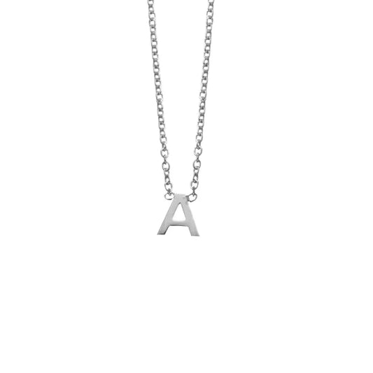 Sterling silver initial "A" pendant necklace featuring a minimalist design on a 40cm adjustable chain with a 5cm extension, perfect for daily wear or gifting.