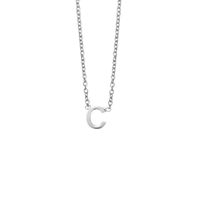 Sterling silver initial "C" pendant necklace with a minimalist design, displayed on a sleek 40cm chain with a 5cm extension.