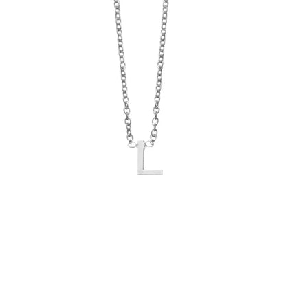 Sterling silver initial "L" necklace on a delicate chain, blending minimalist charm with timeless elegance.