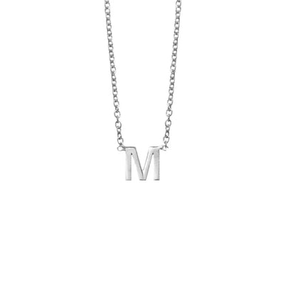 Sterling silver initial "M" necklace featuring a sleek design on a 40cm chain with 5cm extension for added versatility.